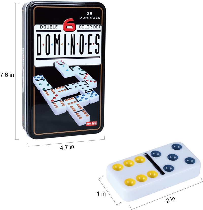 Double Six Dominoes, 28 Tile Colored Dots Domino Game Set with Tin Box, Classic Family Board Games for 2-4 Players(Ages 6 & up)