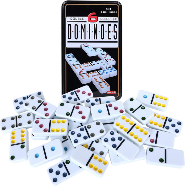 Double Six Dominoes, 28 Tile Colored Dots Domino Game Set with Tin Box, Classic Family Board Games for 2-4 Players(Ages 6 & up)