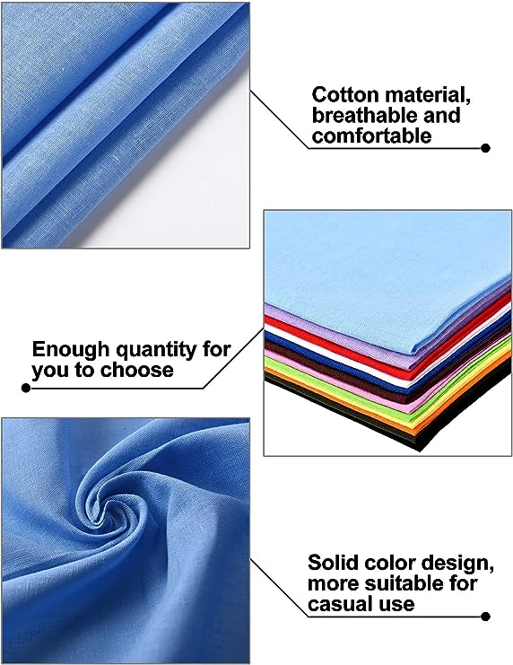 1 Dozen (12) Solid Colors 100% Cotton Bandana Handkerchiefs Multifunction Headbands-Assorted Colors