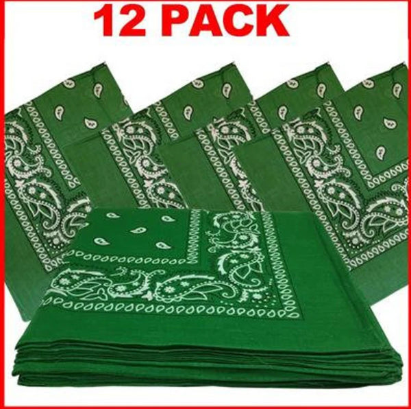 1 Dozen (12 ) Classic Paisley Print Bandana Scarfs 100% COTTON size 22 x 22 (Green)
