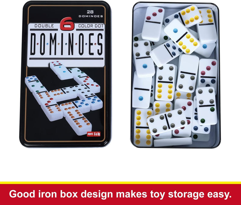 Double Six Dominoes, 28 Tile Colored Dots Domino Game Set with Tin Box, Classic Family Board Games for 2-4 Players(Ages 6 & up)