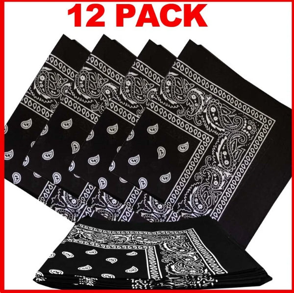 1 Dozen (12 ) Classic Paisley Print Bandana Scarfs 100% COTTON size 22 x 22 (Black)