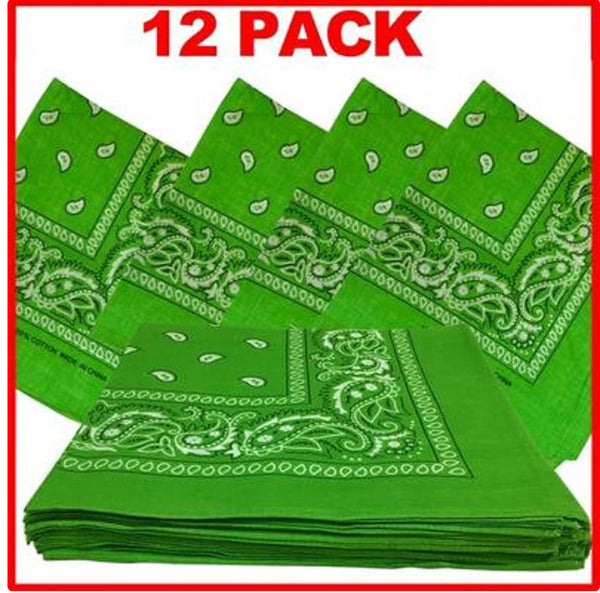 1 Dozen (12 ) Classic Paisley Print Bandana Scarfs 100% COTTON size 22 x 22 (Light Green)