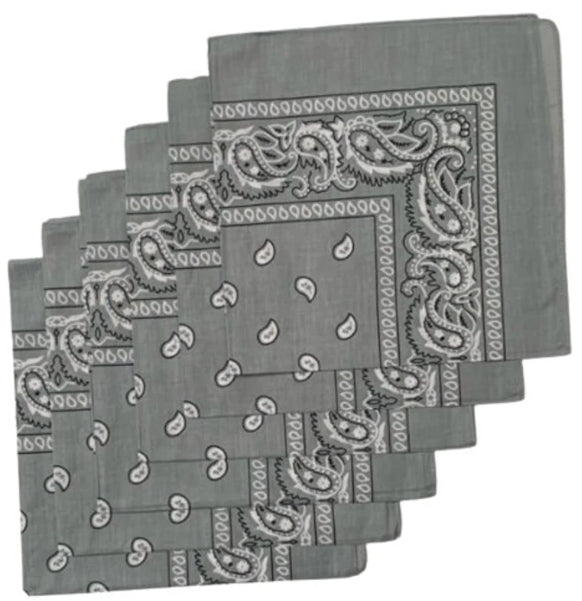 1 Dozen (12 ) Classic Paisley Print Bandana Scarfs 100% COTTON size 22 x 22 (Grey)