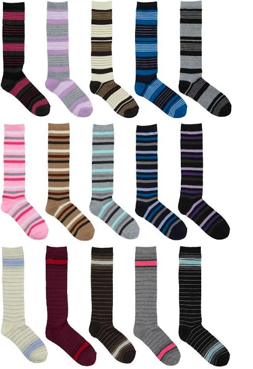 6 Pairs Alexa Rose Woman Knee High Striped Solid Design Dress Casual Socks- Assorted Colors