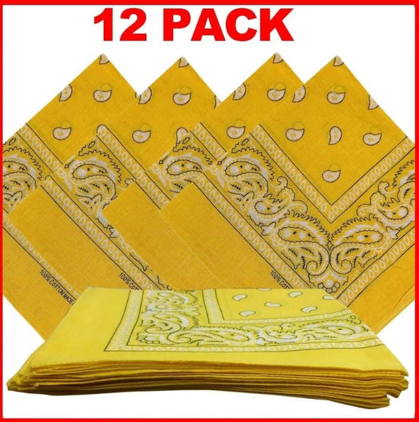 1 Dozen (12 ) Classic Paisley Print Bandana Scarfs 100% COTTON size 22 x 22 (Yellow)