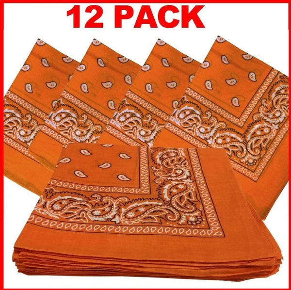 1 Dozen (12 ) Classic Paisley Print Bandana Scarfs 100% COTTON size 22 x 22 (Orange)