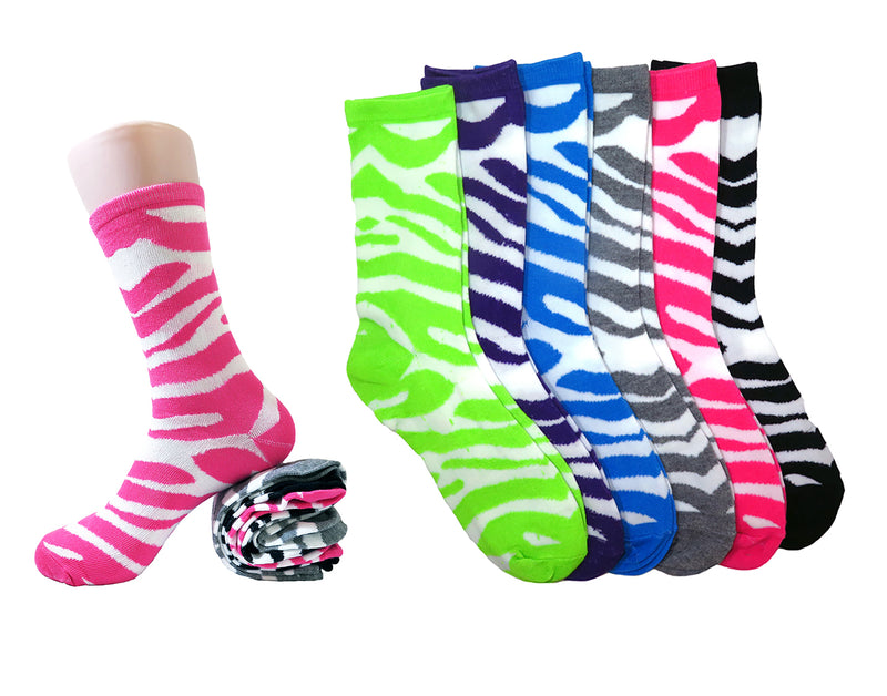 (12 Pairs) Women's Fun & Colorful Two Tone Zebra Stripe Cotton Casual Crew Socks