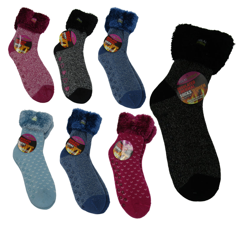 Polar Extreme Thermal Quarter Fur Lined Sock Extra Heavy Acrylic Winter Colorful Socks With Non Slip Grip 2-Packs Random Colors