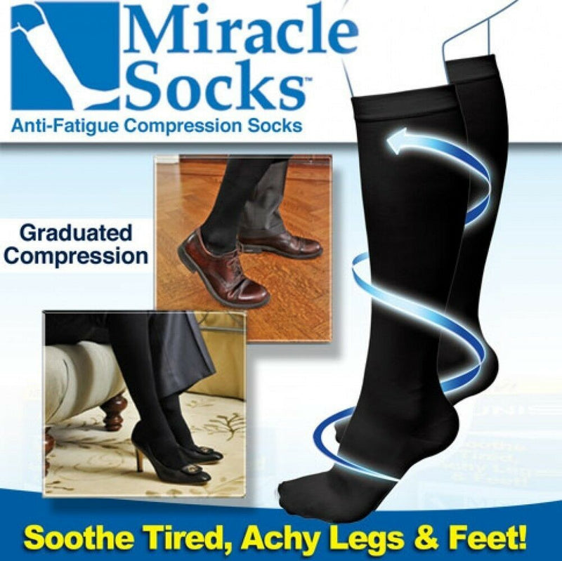 2 Pairs Men & Women Anti Fatigue Miracle Socks Firm Black Compression Energy Sox Therapeutic