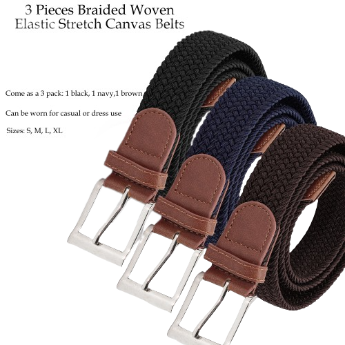 3 Pack Casual Unisex Braided Belt- Elastic Fabric Stretch Web Canvas Woven For Men And Women