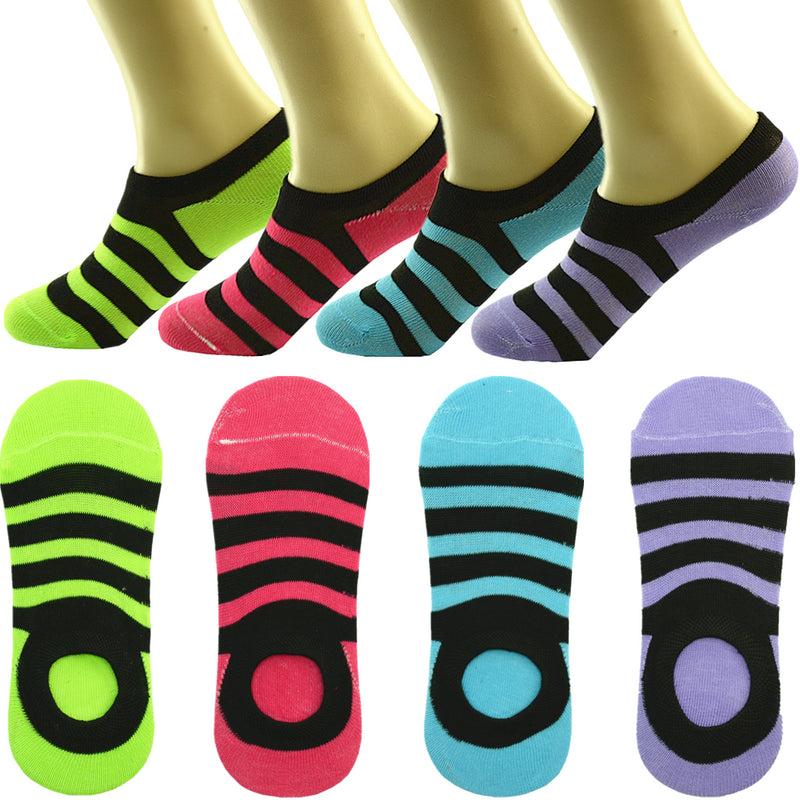 6-12 Pairs Women's Ankle Boat Liner Invisible No Show Low Cut Stripe Socks 9-11
