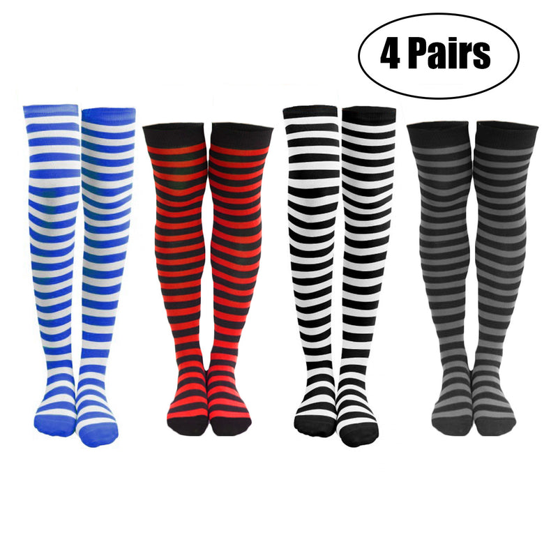 4 or 8 Pairs of Women's Striped Black White Blue Red Knee Cotton High Socks