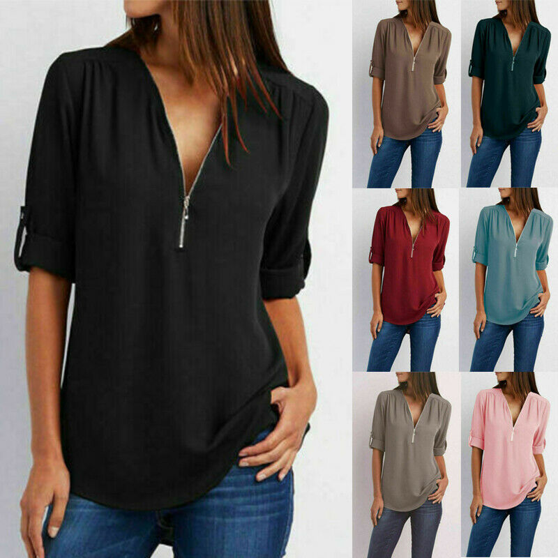 3-6 Packs Women Chiffon V-Neck Zipper T Shirt Loose Casual Blouse Short Sleeve Tunic Tops Assorted Color