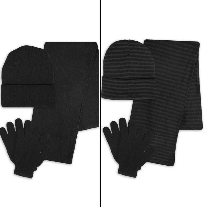 2 Pack Women's 3 Piece Set Hat Scarf Gloves for Men Women in Solid and Lines Color