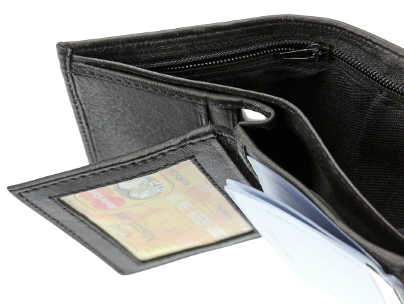 Mens' Black Genuine Leather Trifold Wallet ID Window Credit Card Case Holder- Black