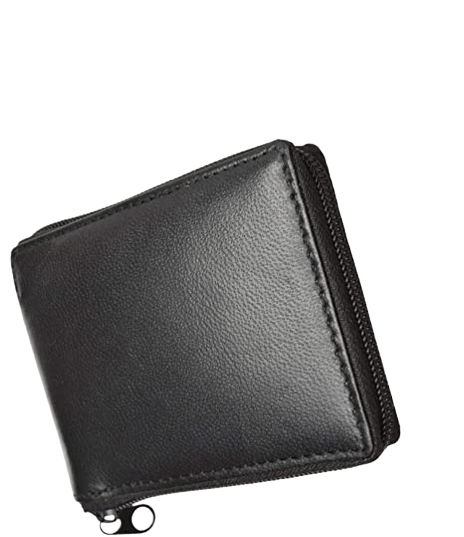 Zippered Bifold Men's Wallet Deluxe Credit Card Flip Multi Pockets Genuine Leather -Black