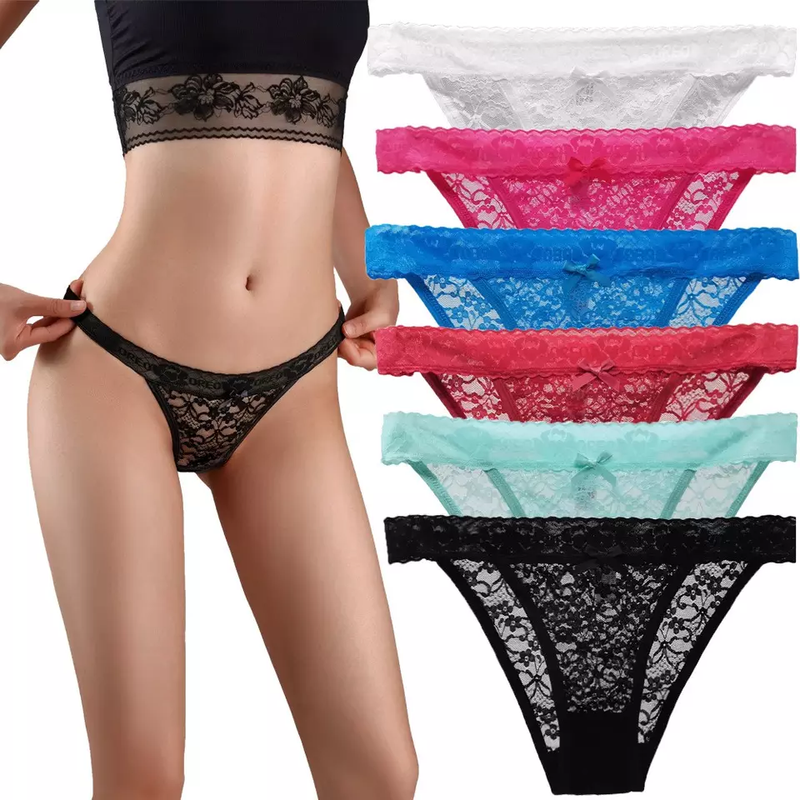 6 Pack Women Lingerie G String Lace Underwear Sexy T-back Thong Sheer Panties