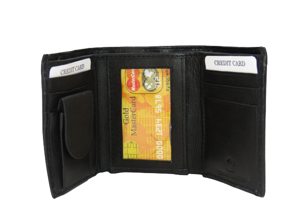 Mens' Black Genuine Leather Trifold ID Coin Credit Card Holder Wallet