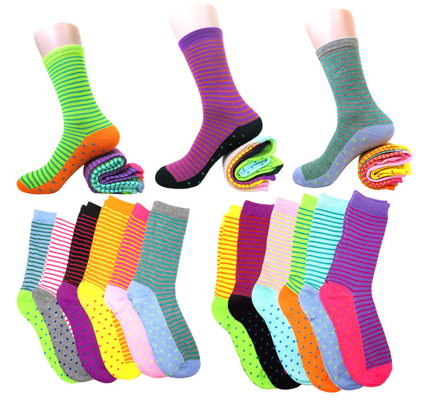 Fun & Colorful Two Tone Stripes & Dotes Assorted 12 Pack Crew Socks