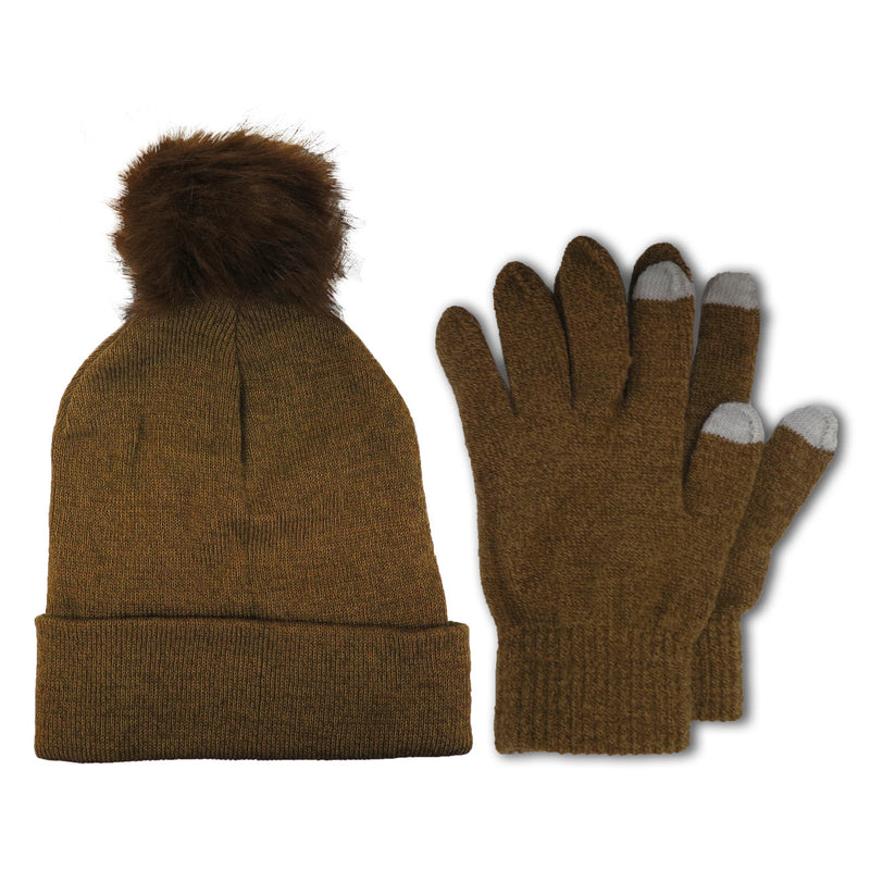 Women's Winter Knit Beanie Hat with Fur Pom Pom and Touch Screen Gloves Set
