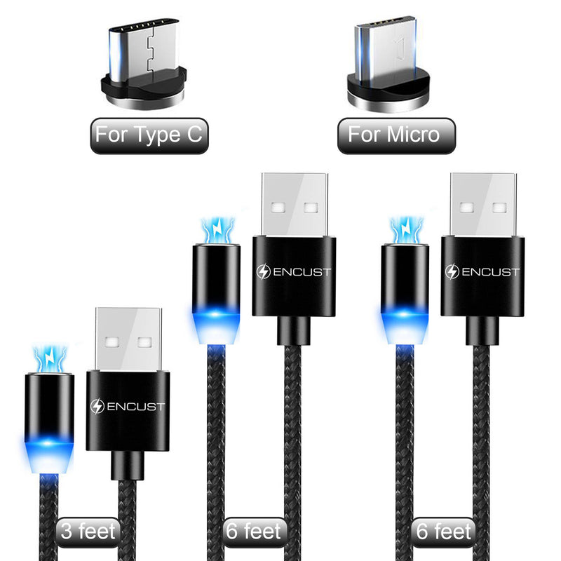 Encust's Break-Away-Safe Magnetic Type-C & Micro USB Cables | Preserve & Protect Your Devices | 3-Pack of Nylon Rapid Charging Cables | Compatible with USB-Type-C Laptops, Smartphones,