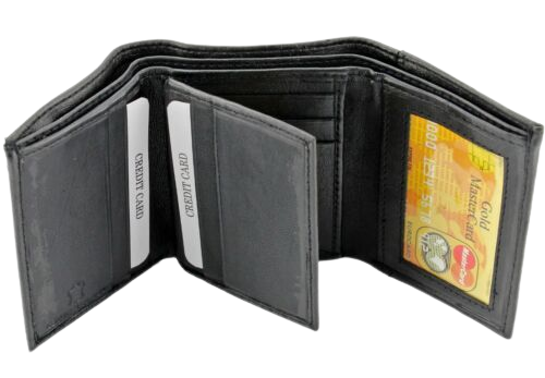 Mens' Black Genuine Leather Trifold Wallet ID Window Credit Card Case Holder- Black