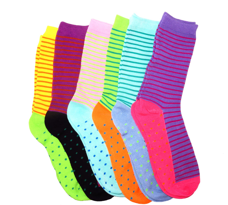 Fun & Colorful Two Tone Stripes & Dotes Assorted 12 Pack Crew Socks