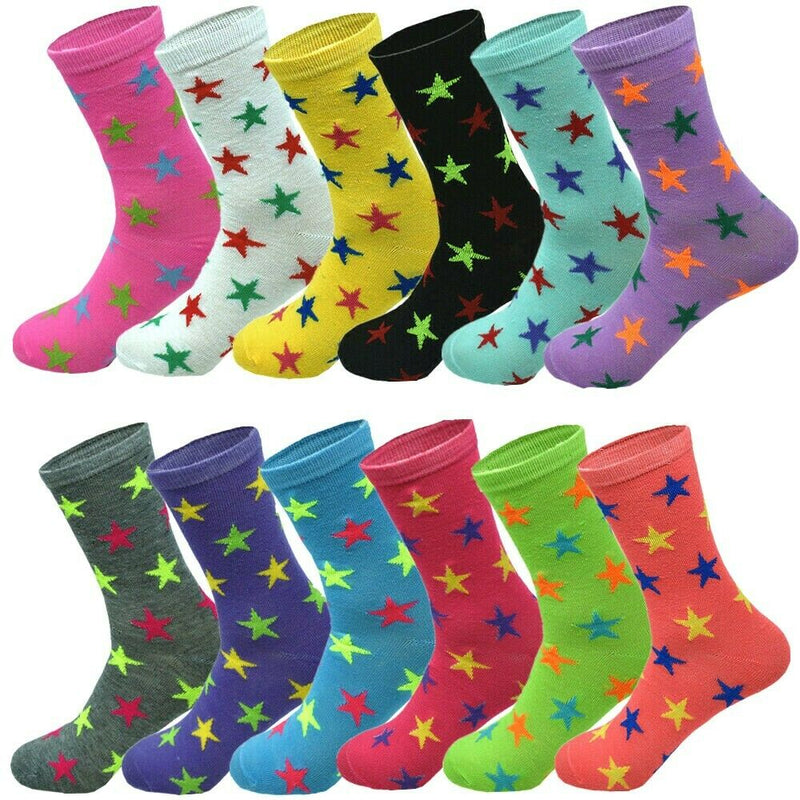 6-12 Pairs Women's Girl Cotton Crew Socks Star Fashion Classic Casual Size 9-11