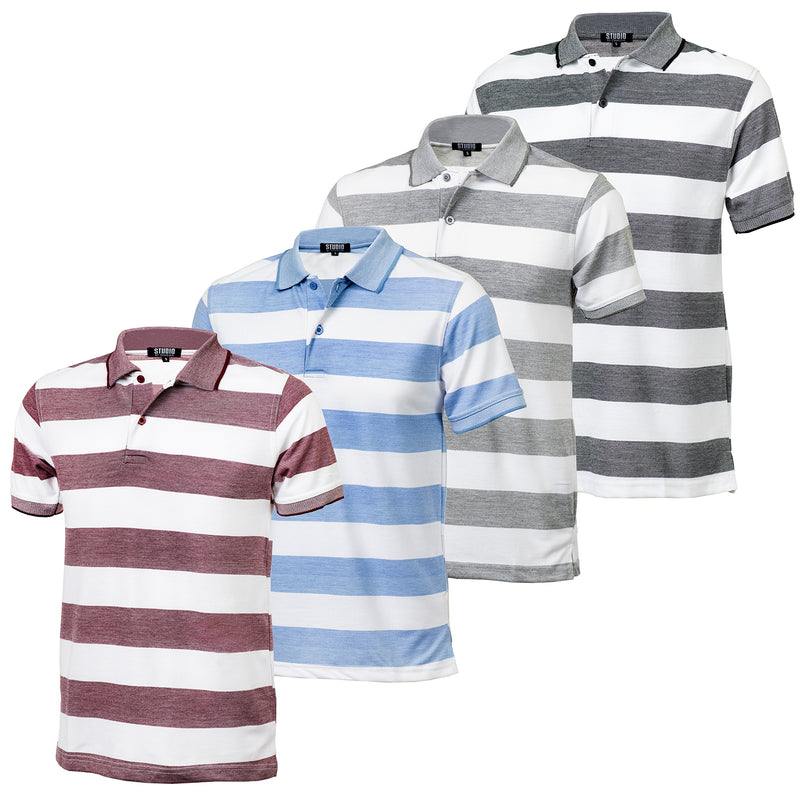 4 Pack Men's Cotton Casual Grindle Striped Polo Shirt Short Sleeve