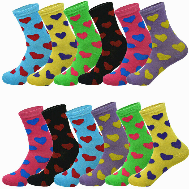 6-12 Pairs Women's Girl Cotton Casual Classic School Hearts Crew Socks Size 9-11