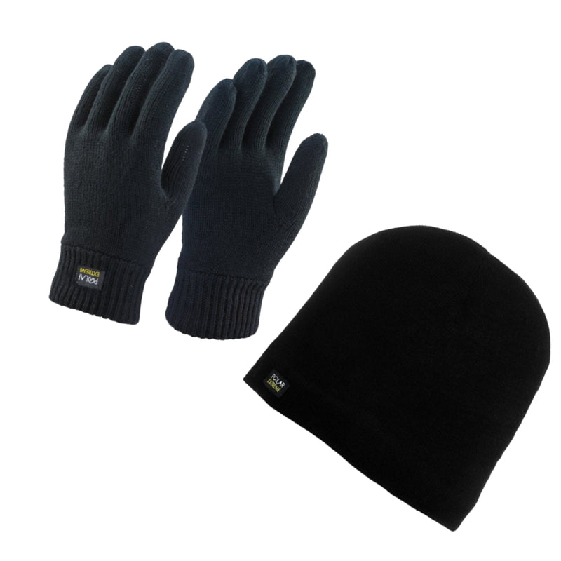 Men's Thermal Knit Winter Gloves And Beanie Set With Polar Fleece Lining- Winter Gloves & Hat Set (Black)