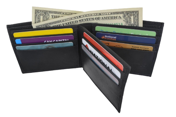 Mens' Genuine Leather Black Center Flap Credit Card ID Holder Slim Bifold Wallet
