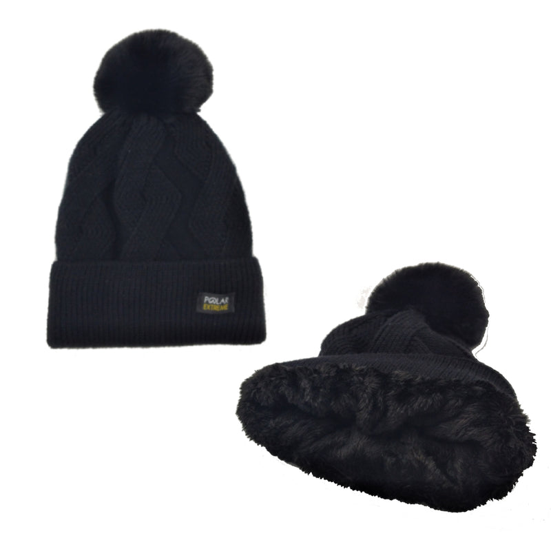 Polar Extreme Woman's Sherpa Lined and Braided Cuff Insulated Thermal Winter Hat with Pom Pom