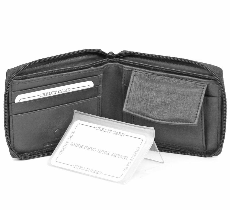 Zippered Bifold Men's Wallet Deluxe Credit Card Flip Multi Pockets Genuine Leather -Black