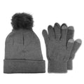Women's Winter Knit Beanie Hat with Fur Pom Pom and Touch Screen Gloves Set