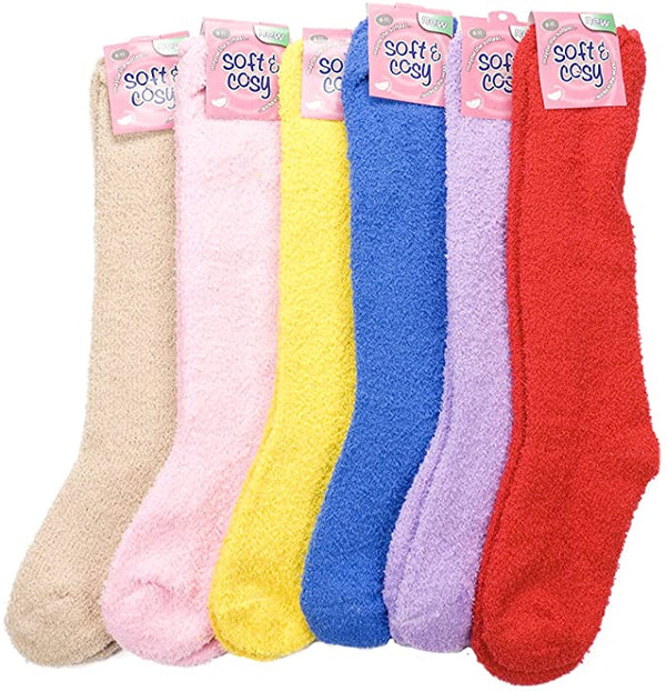 Magg 6 Pairs of Women's Knee high Soft Fuzzy and Striped Marijuana Colorful Weed Socks (Solid)