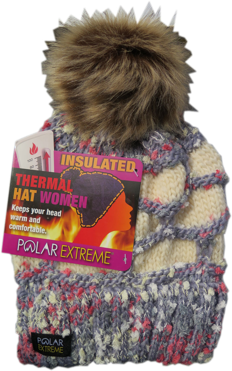 Polar Extreme Women’s Insulated Thermal Slouchy Beanie Hats Cable Knit With Furry Pom Pom