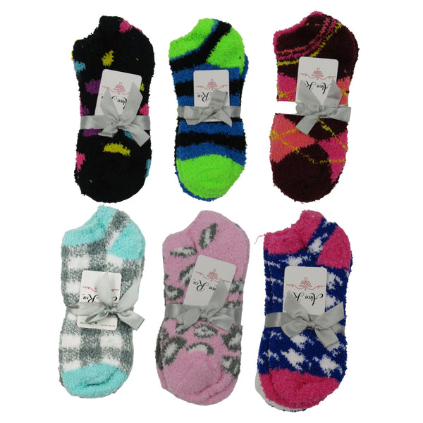 6-12 Pairs of Women's Bed Room Slipper Socks Soft & Comfy Fuzzy Multicolored Fashioned Low Cut No Show Socks Assorted Colors