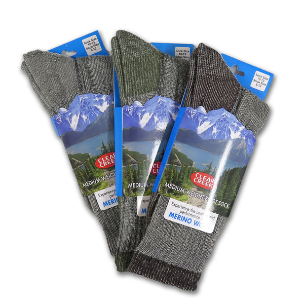 Clear Creek Men's Merino Wool Medium Weight Thermal Lined Boot Socks, 3 Pairs