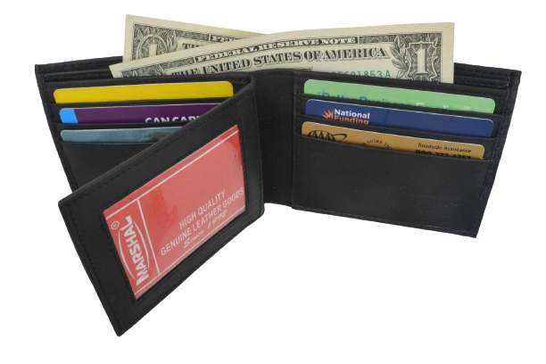 Mens' Genuine Leather Black Center Flap Credit Card ID Holder Slim Bifold Wallet