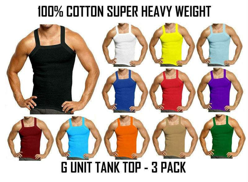 3-6 Packs Men's G-unit Style Cotton Tank Tops Square Cut Muscle Rib A-Shirts Assorted Colors