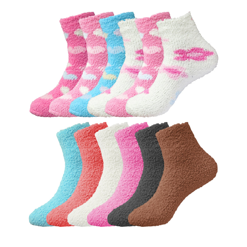 6 Pairs of Women's Bed Room Slipper Socks | Soft & Comfy Fuzzy Multicolor Patterned Winter House Socks