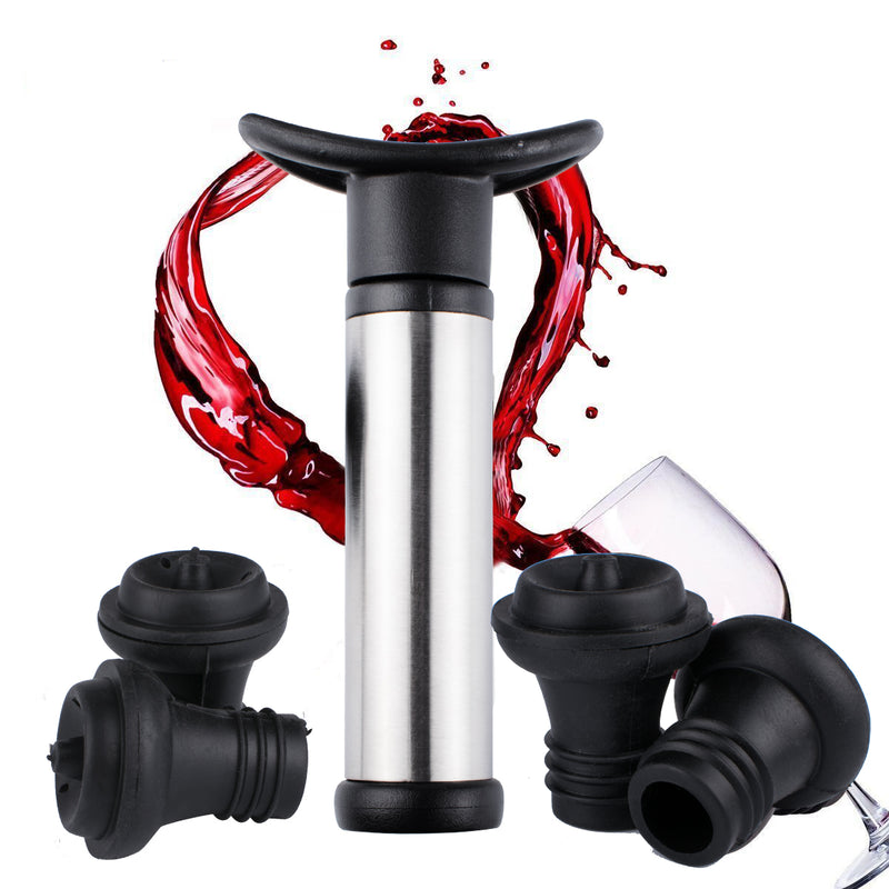 Vacuum Wine Saver Set, Pump Preserver with 4 Vacuum Wine Stoppers for Red / White / Beer Wine, Stainless Steel, Keep Wine Fresh and Flavorful