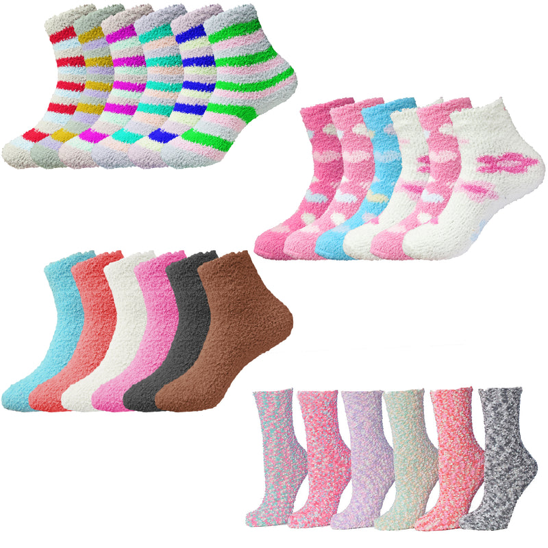 6 Pairs of Women's Bed Room Slipper Socks | Soft & Comfy Fuzzy Multicolor Patterned Winter House Socks