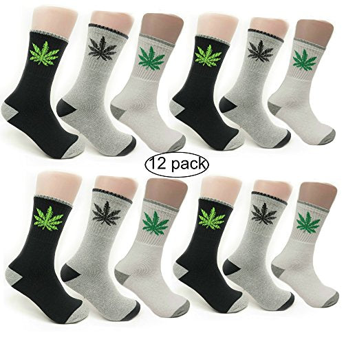 Magg Mens 3 Pairs Marijuana Weed Leaf Printed Soft Crew Cotton Comfortable Socks (Multicolored Crew 12-pack)