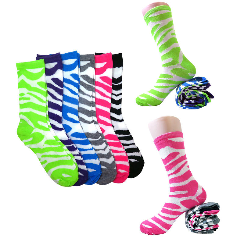 (12 Pairs) Women's Fun & Colorful Two Tone Zebra Stripe Cotton Casual Crew Socks