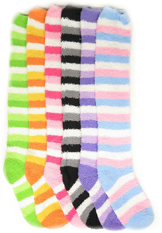 Magg 6 Pairs of Women's Knee high Soft Fuzzy and Striped Marijuana Colorful Weed Socks (Stripe)