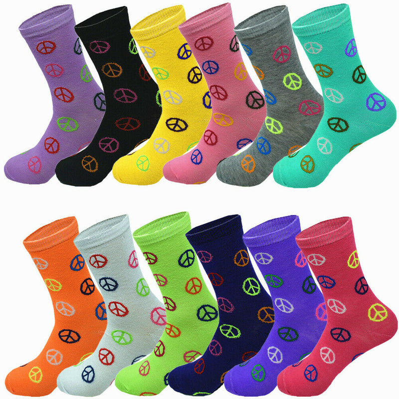 6-12 Pairs Women's Girl Cotton Casual Classic Peace Sign Crew Socks Size 9-11