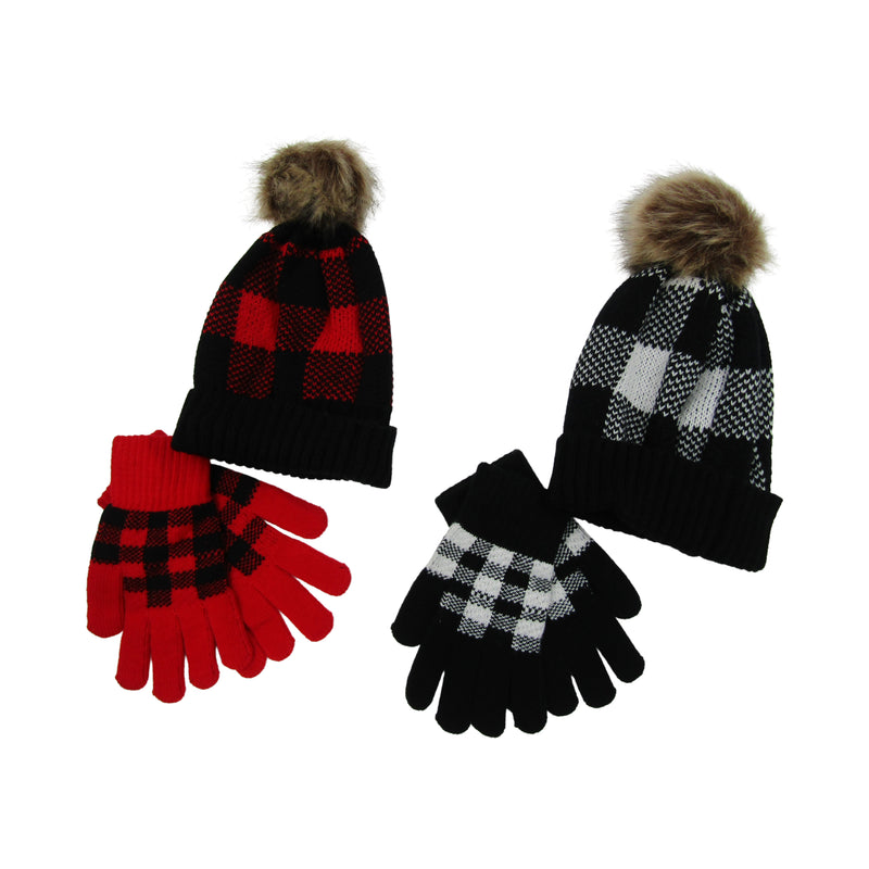 Clear Creek Women's Thermal Insulated Pom Pom Buffalo Print Hat and Gloves Set